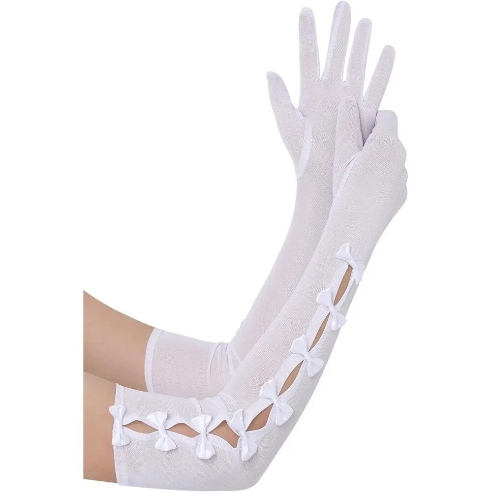 Women's Princess White Long Sleeves Gloves Bow Lace Mesh Tulle Party Prom